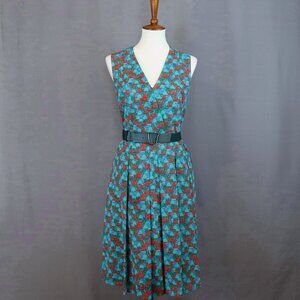 Akris 10 Green Red Ai Print Sleeveless Swing Fit Flare Pleated Pocket Dress